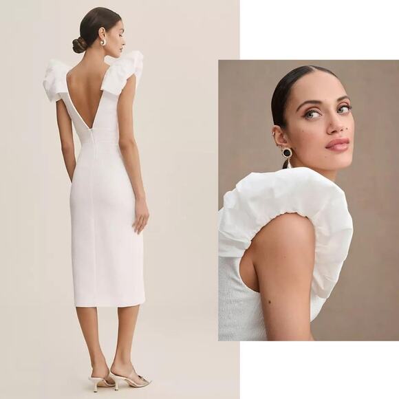 Rebecca Vallance Puff Sleeve V Neck Midi Dress 6 White NWT - Picture 3 of 13